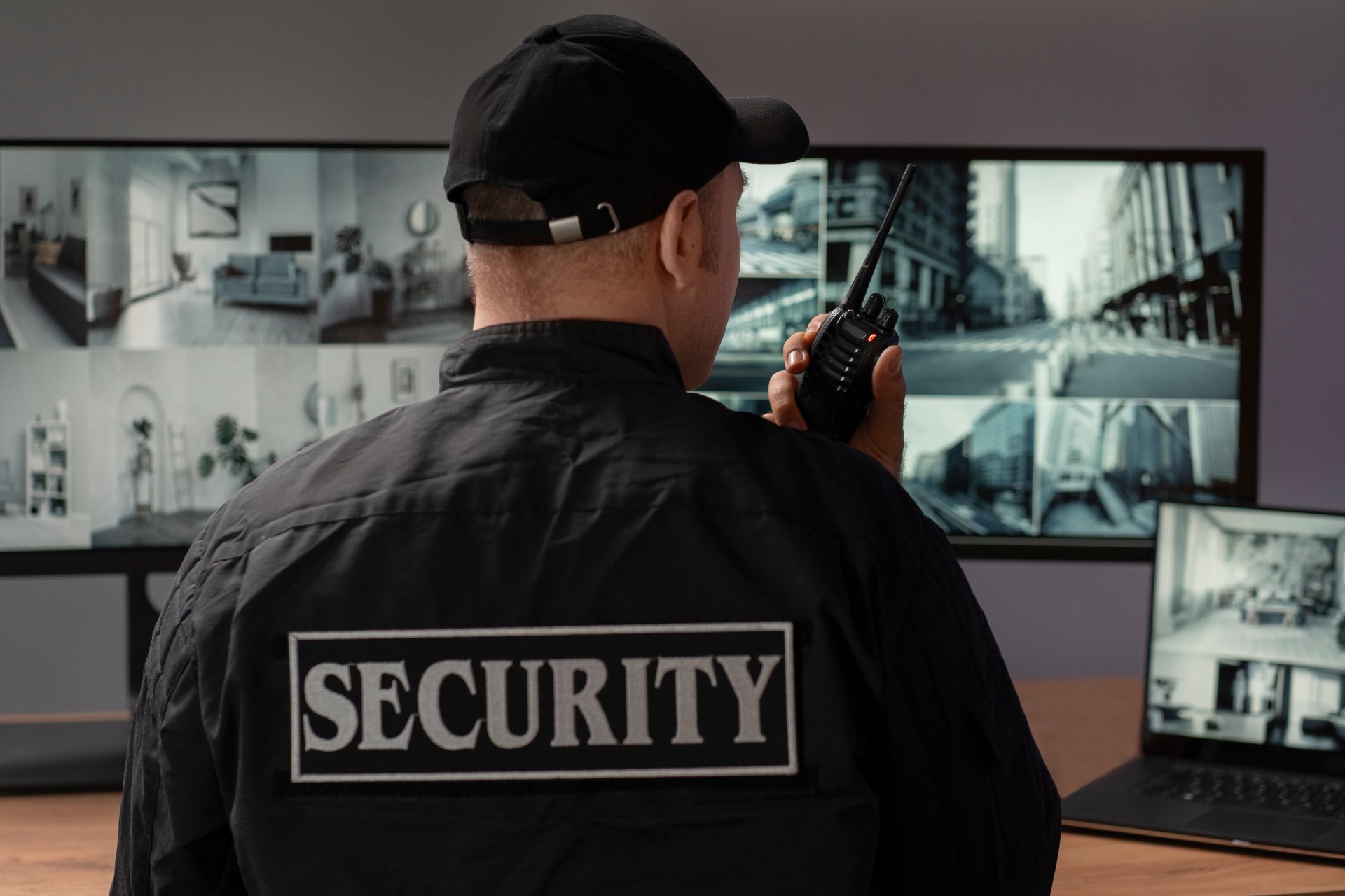 Agent de sécurité devant des écrans de vidéosurveillance